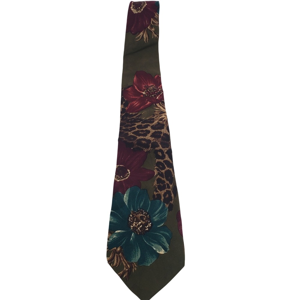 Bill Robinson Mens Floral Leopard Print Silk Necktie‎ OS Olive Green Burgundy